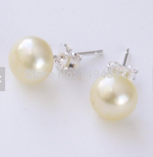 Wholesale Pearl Jewelry, Lemon Yellow Color 8mm Genuine Pearl Stud Earrings, 925 Sterling Silver Post, Christmas Gift