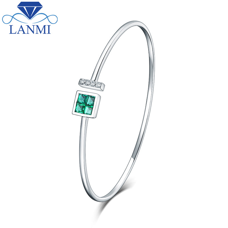 Wholesale Real 14K White Gold Natural Colombia Emerald Bracelet Charming Bangle Diamond Jewelry For Women Anniversary Gift