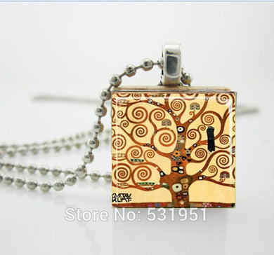 Wholesale Scrabble Jewelry The Tree of Life Necklaces Gustav Klimt Scrabble Tiles Pendant Necklace - Vintage Wooden Necklaces