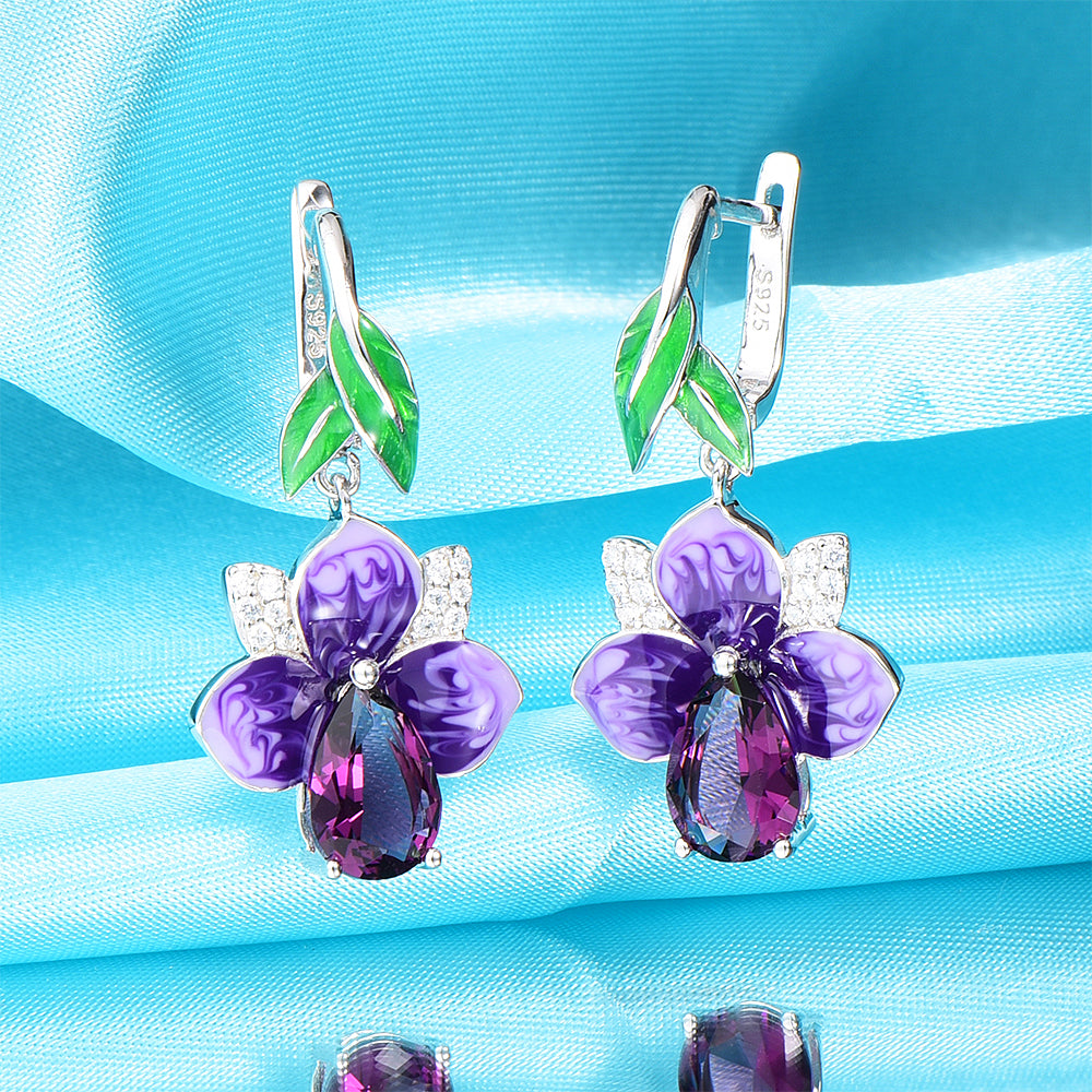 Handmade Purple Enamel Flower Silver Earrings for women Engagement 925 silver Drop Earring Zircon Party Jewelry