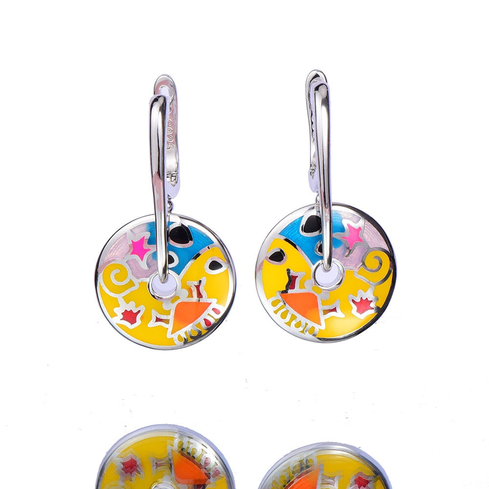 Round silver ethnic Earrings for women colorfull Enamel 925 Silver Engagement Earring Handmade Party Jewelry
