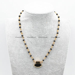Wire Linked Glass Beads Chains Black Agate Axe Shape Pendant Necklace Fashion Jewelry