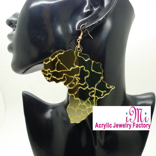 Woman's Fashion Party Accessories Mirror Acrylic Laser carved Golden Africa Map Hiphop Dangle Earrings