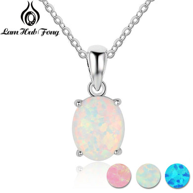 Women 925 Sterling Silver Pendant Necklaces Luxury Oval White Pink Blue Opal Necklace Birthd Gifts For Wife (Lam Hub Fong)
