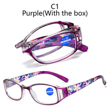 Load image into Gallery viewer, Women Anti Blue Light Blocking Folding Reading Glasses Four Leaf Small Flower Ordinary Presbyopia Portable Eyeglasses With Box