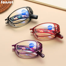 Load image into Gallery viewer, Women Anti Blue Light Blocking Folding Reading Glasses Four Leaf Small Flower Ordinary Presbyopia Portable Eyeglasses With Box