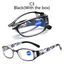 Load image into Gallery viewer, Women Anti Blue Light Blocking Folding Reading Glasses Four Leaf Small Flower Ordinary Presbyopia Portable Eyeglasses With Box