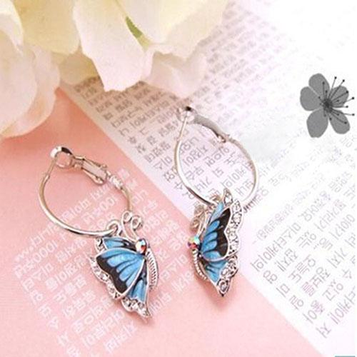 Women Blue Crystal Rhinestone Enamel Butterfly Dangle Earbob Bridal Dangle Earrings Statement Wedding Jewelry