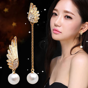 Women Chic Angel Wing Rhinestones Faux Pearl Dangle Asymmetric Earrings Eardrops Pearl Earrings For Women gift FASHION