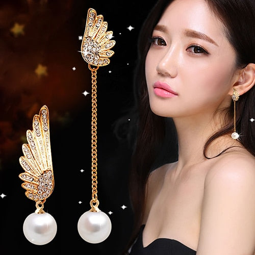 Women Chic Angel Wing Rhinestones Faux Pearl Dangle Asymmetric Earrings Eardrops Pearl Earrings For Women gift FASHION