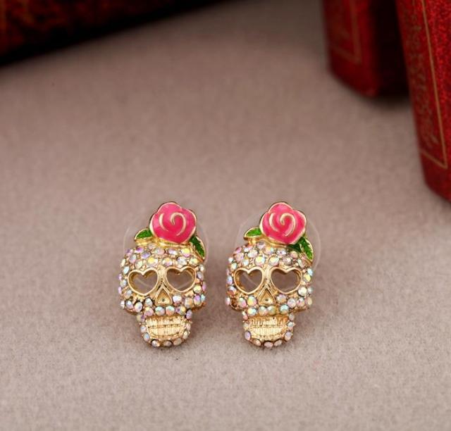 Women Fashion Accessories 1 Pair Personality Cute Pink Rose Rhinestone Skeleton Skull Ear Studs Earrings can dropshiping
