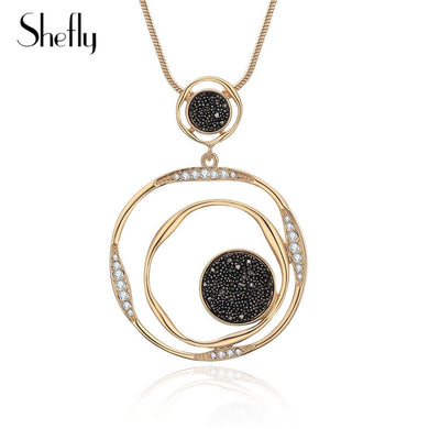 Women Fashion Sweater Chain Necklace Luxury White Black Crystal Sweater Long Circle Round Pendant Necklace Jewelry Accessories