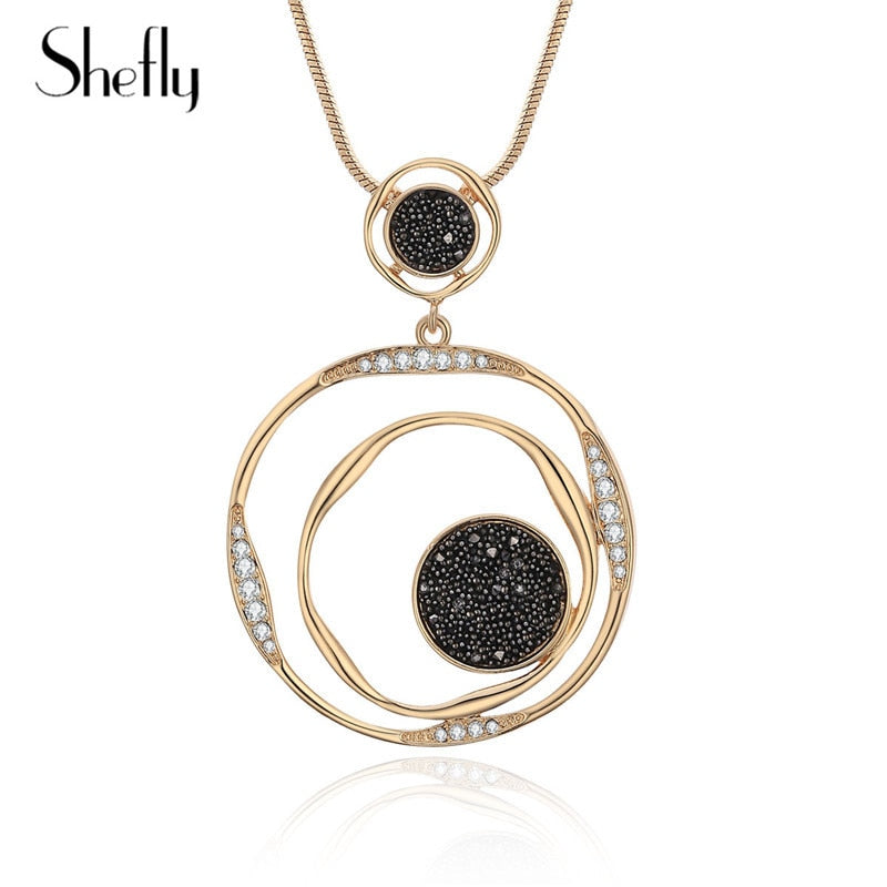 Women Fashion Sweater Chain Necklace Luxury White Black Crystal Sweater Long Circle Round Pendant Necklace Jewelry Accessories