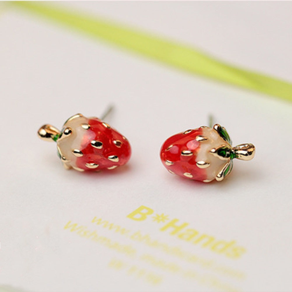 Women Girls Cute Mini Strawberry Shaped Colored Glaze Ear Studs Earrings Fashion Jewelry