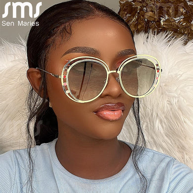 Women Gradient Sunglasses Metal Frame Vintage Round Sun Glasses Men UV400 Eyewear For Female Oval Shades