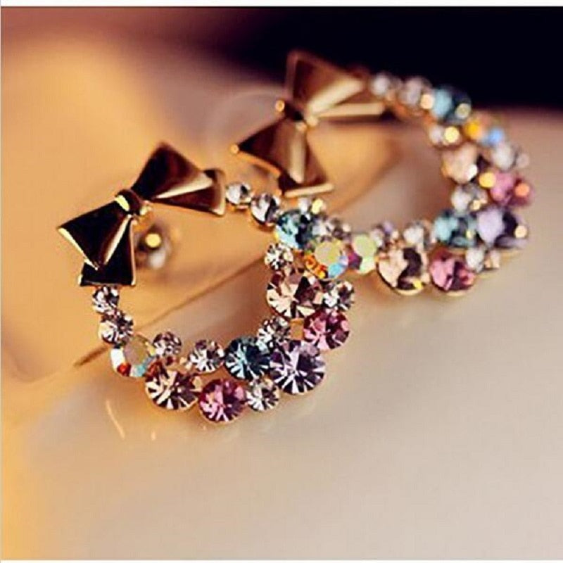 Women Imitation Colorful Rhinestone Bowknot Stud Earrings Gold Crystal Cubic Zirconia Bow Earring Female Fashion Vintage Jewelry
