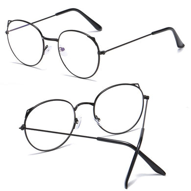 Women Men Plain Eyeglasses Large Cat Ear Metal Frame Clear Lens Round Glasses Decorative Eyewear Retro Style Spectacles