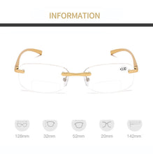 Load image into Gallery viewer, Women Men Rectangle Rimless Al-mg Ultralight Bifocal Reading Glasses +0.75 +1 +1.25 +1.5 +1.75 +2 +2.25 +2.5 +2.75 +3 to +4