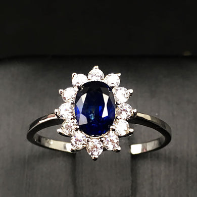 Women Natural Sapphire Stone Ring Genuine Solid Silver Gem Jewelry Sun Flower Shape Rings
