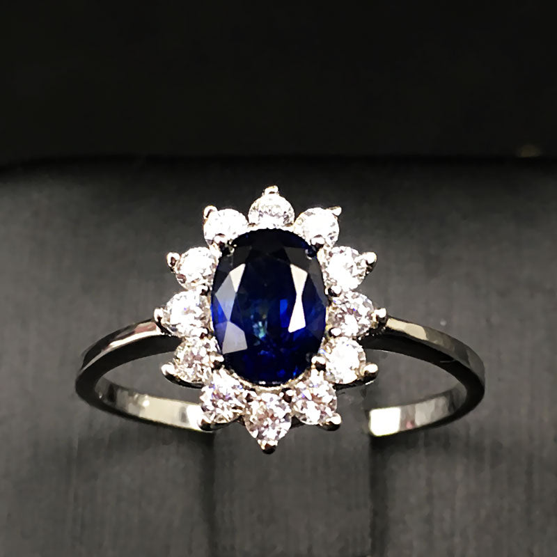 Women Natural Sapphire Stone Ring Genuine Solid Silver Gem Jewelry Sun Flower Shape Rings