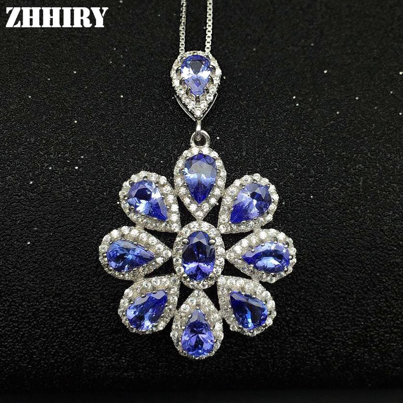 Women Natural Tanzanite Blue Gems Stone Pendant Necklace Chain 925 Sterling Silver Jewelry