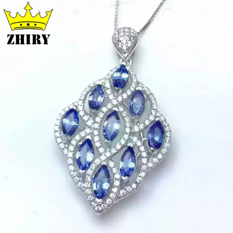 Women Natural Tanzanite Pendant 925 Sterling Silver Necklace Jewelry Blue Gems Stone