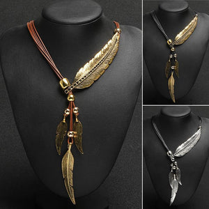 Women Necklace Choker Fashion Jewelry Bohemian Style Pendants Bronze Rope Chain Feather Pattern Pendant Necklace