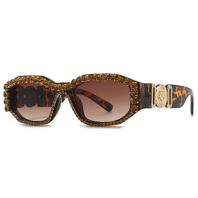 Women Rectangle Brand Designer Sunglasses  Diamond Rhinestone Vintage Sun Glass Female Hip Pop Eyewear Leopard Shades