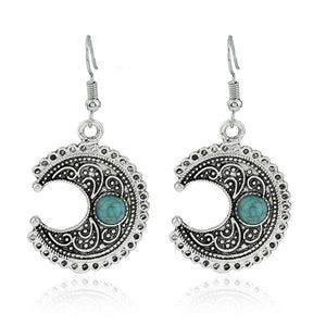 Women Retro Design Charming Bohemian Antique Silver Enamel Rhinestone moon Shaped Drop Earrings Hook Long Dangle Earring brincos