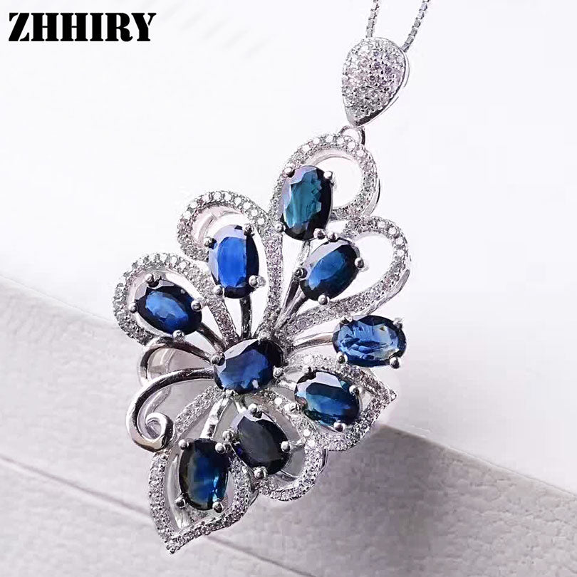Women Solid 925 sterling silver Natural Sapphire Necklace Pendant Genuine Fine Jewelry With Chain ZHHIRY