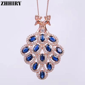 Women Solid 925 sterling silver Natural Sapphire Necklace Pendant Peacock Genuine Fine Jewelry With Chain ZHHIRY