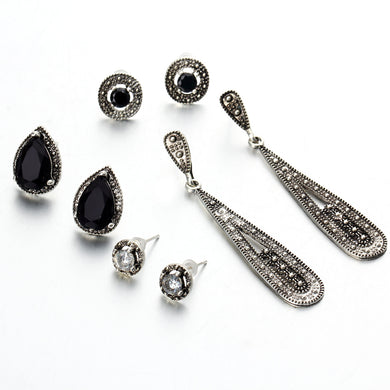 Women Stud Earrings Antique Silver Color Hollow Waterdrop Crystal Round Beads Statement Earring Jewelry Dangle Eardrop 4 pairs