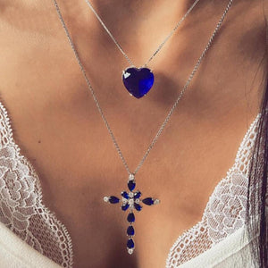 Women Two Layer Cross Heart Full Pendant Necklace Chain Jewelry Gift