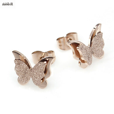Womens Girls Ear Jewelry Stainless Steel Frosted Butterfly Stud Earrings Rose Gold 3D Butterfly Earings Fashion Jewelry 2017