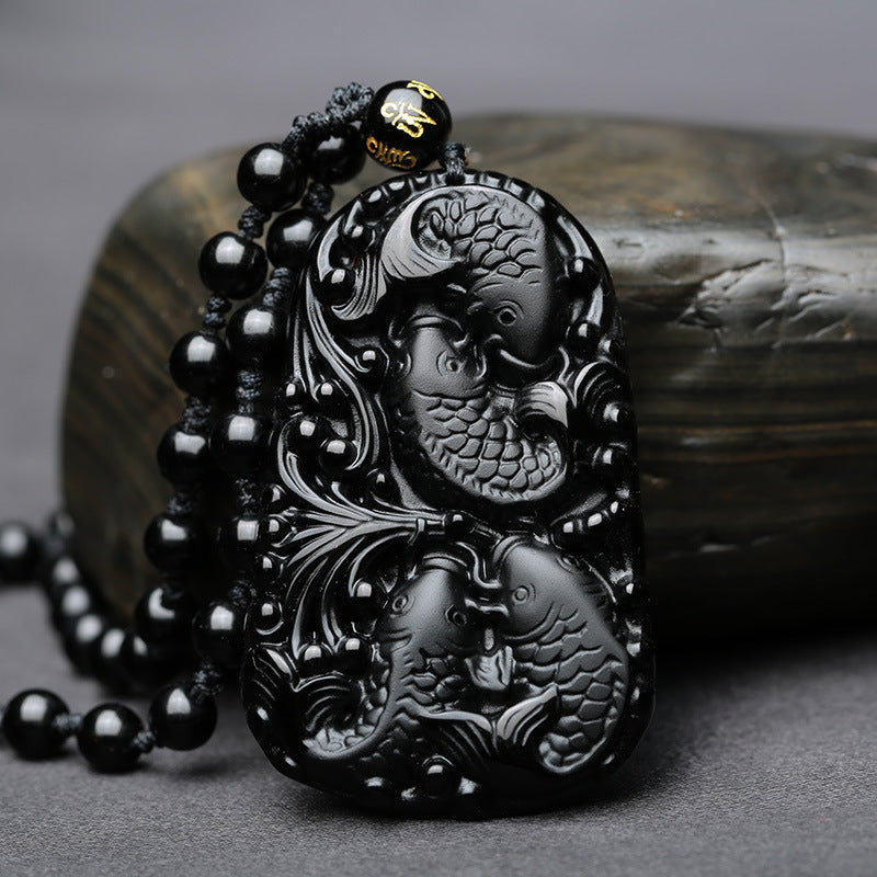 Wonderful Chinese Handwork Natural Black Obsidian Carved Fish Happy Reunion Lucky Blessing pendant necklace Fashion JewelrY