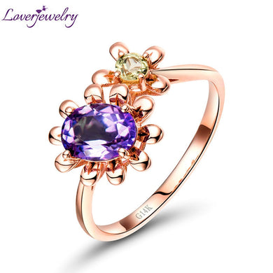 Wonderful Style Solid 14K Rose Gold Purple Amethyst Peridot Promised Flower Ring For Women Anniversary Genuine Fine Jewelry