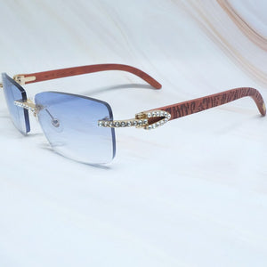 Wooden Sunglasses Men Rhinestone Rimless Carter Square Color Craved Wood Sun Glasses Diamond Shades Iced Out Decoration Eyewear