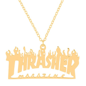 Word Necklace Men Women Flame Pendant Necklace Hip-Hop Rock Titanium Stainless Steel Gold Color Chain Necklace