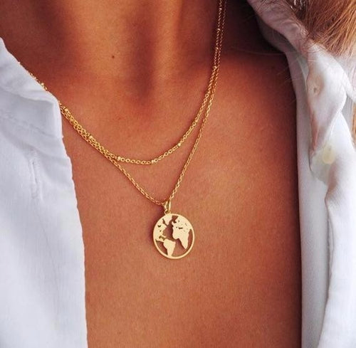 World Map Necklace Gold Map Pendant  World Map Chocker Star Choker Crescent Moon Necklaces For Women Boho Multilayer Jewelry