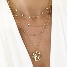 Carica l&#39;immagine nel visualizzatore di Gallery, Collana con mappa del mondo Ciondolo con mappa in oro Girocollo con mappa del mondo Girocollo con stella Crescent Moon Collane per donna Gioielli Boho multistrato 