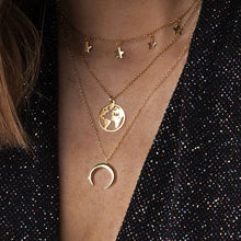 Carica l&#39;immagine nel visualizzatore di Gallery, Collana con mappa del mondo Ciondolo con mappa in oro Girocollo con mappa del mondo Girocollo con stella Crescent Moon Collane per donna Gioielli Boho multistrato 