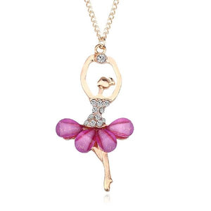 Women Girl Golden Color Ballerina Exquisite Shimmer Rhinestone Pendant Necklace
