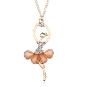 Women Girl Golden Color Ballerina Exquisite Shimmer Rhinestone Pendant Necklace