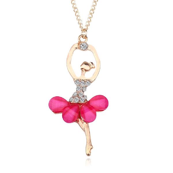 Women Girl Golden Color Ballerina Exquisite Shimmer Rhinestone Pendant Necklace
