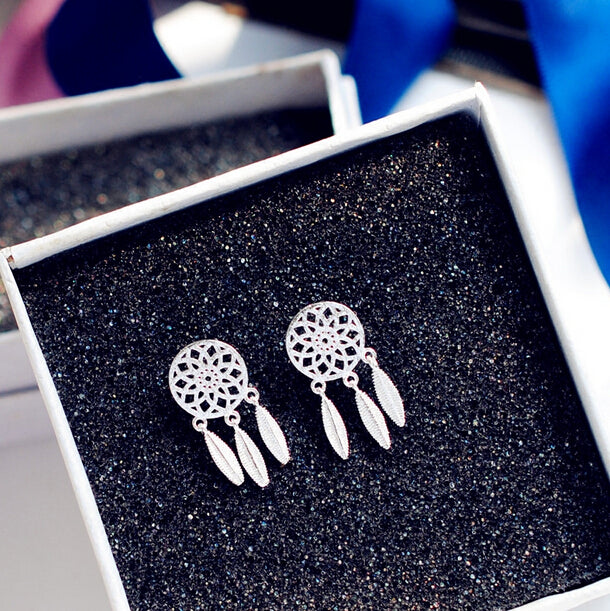 925 Sterling Silver Dream Catcher Feather Tassels Stud Earrings For Women Girl Gift Dreamcatcher Earrings VES6055