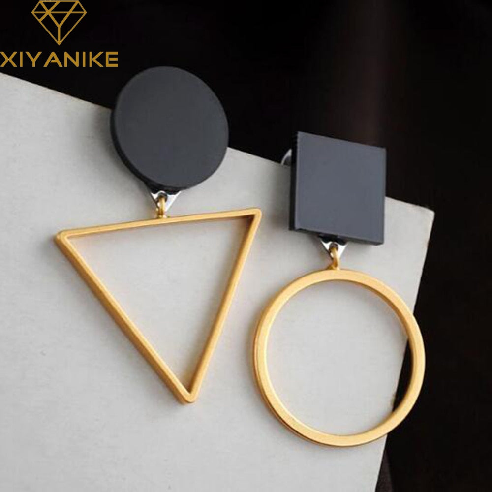 Brand Punk Fashion Triangle Round Geometric Asymmetric Black Earrings Women Party Jewelry pendientes brincos E130