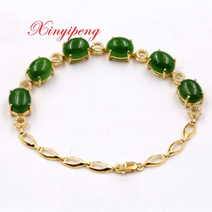 Xin yi peng 18 k yellow gold inlaid natural jade bracelet, woman, classical and generous