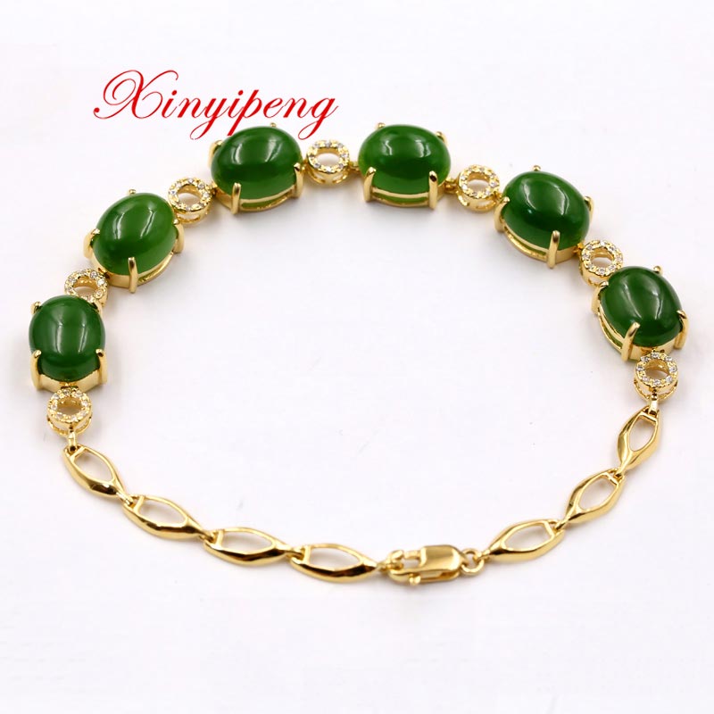 Xin yi peng 18 k yellow gold inlaid natural jade bracelet, woman, classical and generous