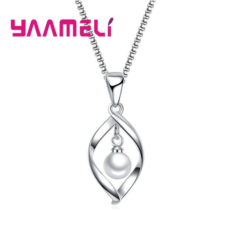 Luxury Elegant Mystery Style Necklace 925 Sterling Silver Embellished White Faux Pearl Lovely For Girl Adult Gift