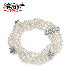 YANCEY New natural 4-5mm white shaped bright light pearl bracelet, with 4 rows S925 Silver Tie-in Butterfly bracelet
